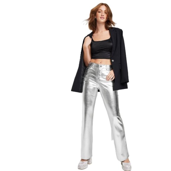 Wild Fable Women's 17 Metallic Silver High Rise Faux Leather Flare Leg Pants - Picture 1 of 8